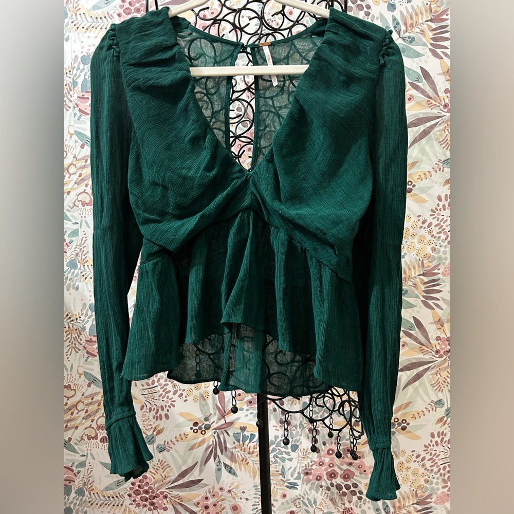 Free People Boho Flowy Daia Emerald Green Women's Long Sleeve Top Small Feminine